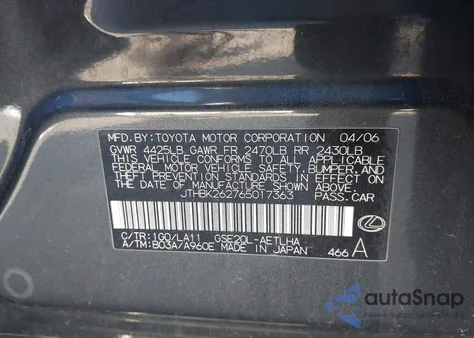 2006 Lexus Is 250 from USA, damaged, VIN JTHBK262765017363